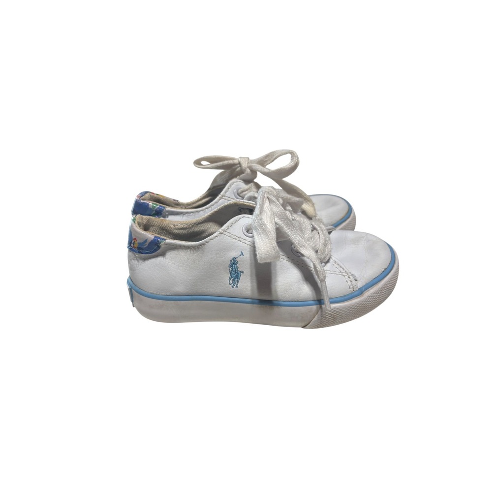 Polo Ralph Lauren Kids White Blue Floral Trim Lace Up Sneakers Size 8 USA